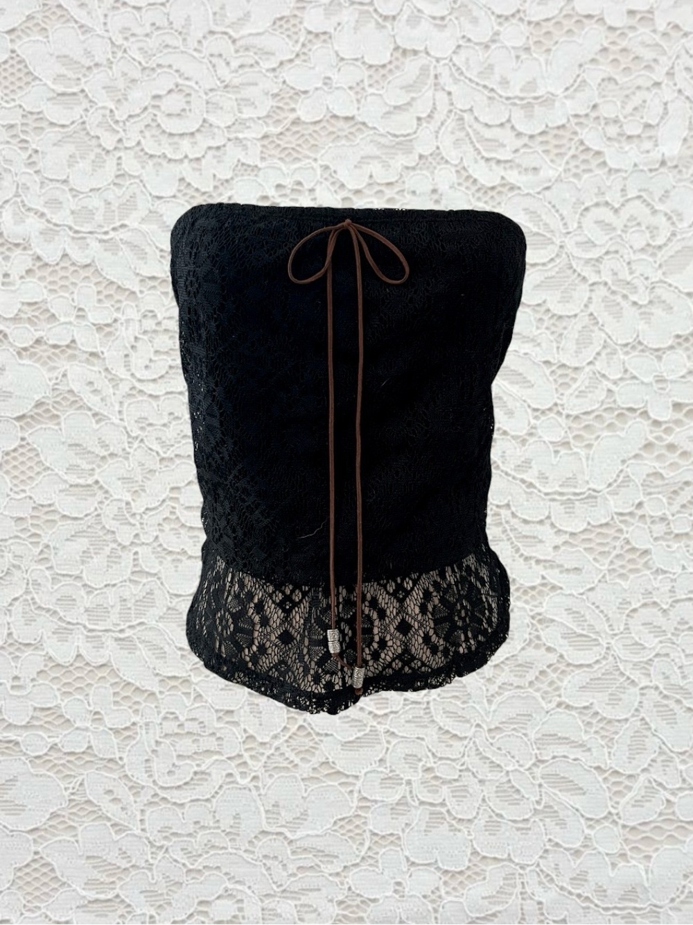 vintage no boundaries black lace cinched tube top with leather tie